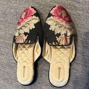 Birdies Black Mules with Pink and Cream Embroidery